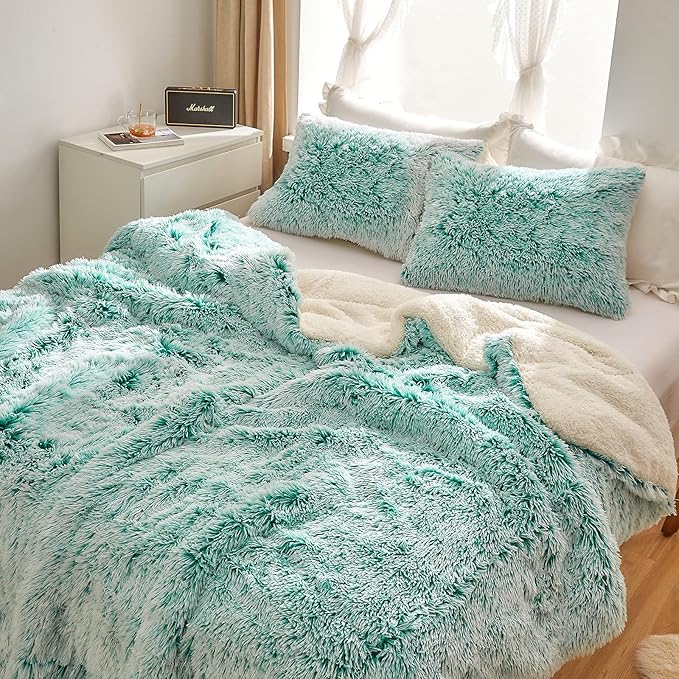 Joyreap 3-Piece Plush Shaggy Comforter Set, Twin Size Luxury Faux Fur Sherpa Reversible Bedding Comforter Set, Ultra Cozy Warm Fluffy Bedding Set for Winter (Aqua Green n White, 68x86 inches)