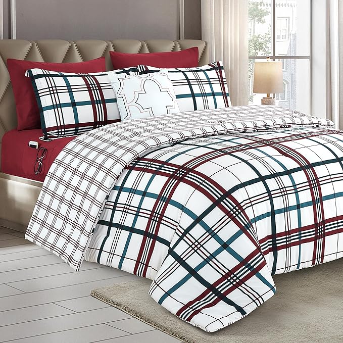 Elegant Comfort 8-Piece Lodge Plaid Reversible Comforter Set - All Season Bed in a Bag, 4-Piece Sheet Set Featuring Smart Pockets, Matching Shams and Decorative Pillow, Full/Queen, Burgundy