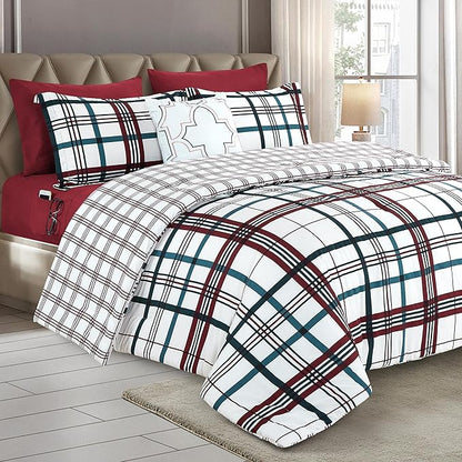 Elegant Comfort 8-Piece Lodge Plaid Reversible Comforter Set - All Season Bed in a Bag, 4-Piece Sheet Set Featuring Smart Pockets, Matching Shams and Decorative Pillow, Full/Queen, Burgundy