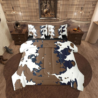 Erosebridal Cowhide King Comforter Set Cow Print 7-Piece Bed in A Bag Western Farm Rustic Fur Highland Skin Sheets and Pillowcases Beige Blue Bed Sets