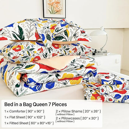 Floral Queen Comforter Set with Sheets, 7 Piece Luxury Vintage Bedding, Soft Microfiber Bed in a Bag, Cozy Lightweight Bed Set, Blue Orange Flower