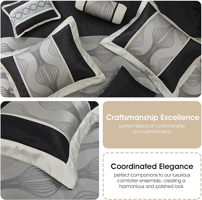 Stratford Park Black and Silver Comforter Set King Size, Elegant 7 Pieces Striped All Season Bedding Set