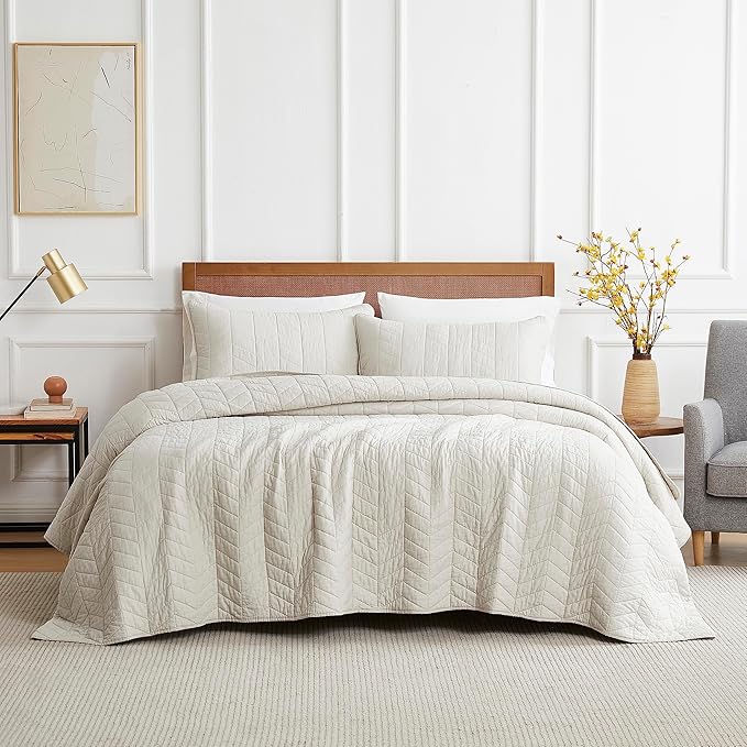 palassio Beige Cotton Quilt King Size Bedding Sets with Pillow Shams,White Lightweight Soft Bedspread Coverlet, Tan Cream Quilted Comforter Bed Cover for All Season, 3 Pieces, 106x96 inches