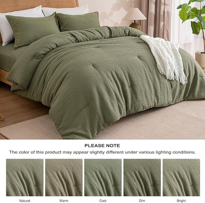 PHF Soft Waffle Comforter Set Queen Size- Comfy Breathable Waffle Weave Comforter with 2 Pillow Shams, 3 Pieces Less Snagging Lightweight Textured Bedding Set for All Season, Olive Green