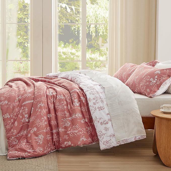 Bedsure Full Comforter Set - Grayish Pink Bed Set, 3 Pieces Cute Floral Bedding, 1 Soft Reversible Botanical Flowers Comforter and 2 Pillow Shams
