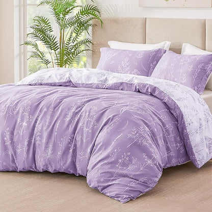 Love's cabin Lavender Comforter Set Queen - Queen Size Comforter Set, 3 Pieces Cute Floral Bedding Sets for All Seasons,1 Soft Reversible Botanical Flowers Comforter and 2 Pillow Shams