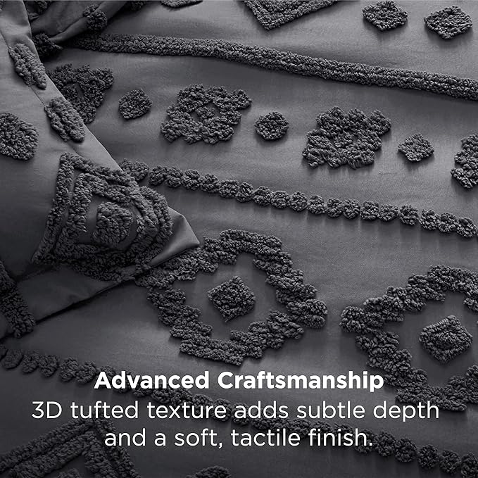 Bedsure Boho Tufted Grey Comforter Set Queen Size, GentleSoft™ 3 Pieces Boho Farmhouse Decor Bedding, Exquisite Shabby Chic Bedding for All Seasons, 1 Bed Comforter, 2 Pillow Shams, 90x90 Inches