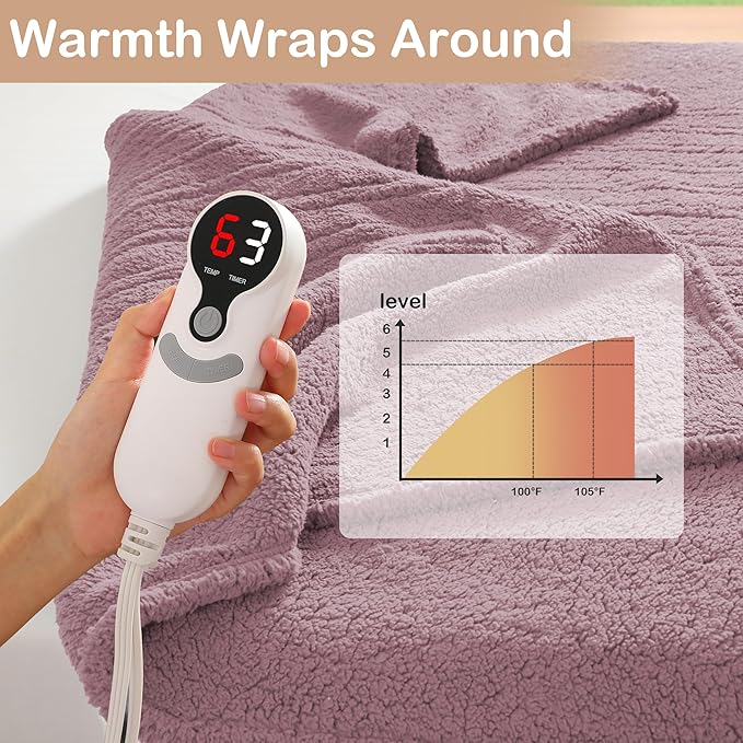 Electric Heated Blanket Full Size 72"×84" with 9 Heating Levels & 1-10Hs Auto Off，Double Sided Plush Sherpa, Energy Efficient, Machine Washable, for Couch & Bed, Light Purple