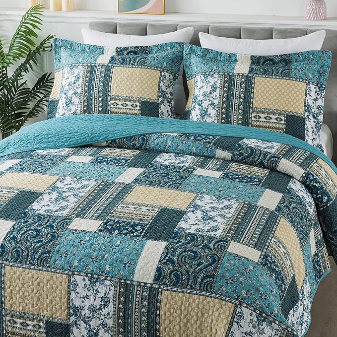 BEDIFANY Cotton King Size Quilt Set, Lightweight Bedspread King Size Coverlet Boho King Quilt, Soft Farmhouse King Quilt Bedding Sets for Bed Decorations for All Seasons (3 Pieces, Blue)