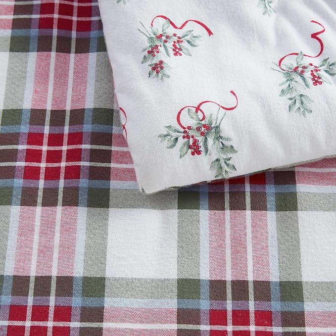 Martha Stewart - Twin Bedding Comforter Sets, Wonderfully Plush & Naturally Soft Cotton Flannel Bedding w/Matching Pillowcases, 2 Piece Bed Sets (Yuletide Spruce Plaid/Holiday Ribbons Red)