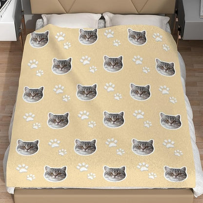 Custom Blanket with Funny Cat Face Personalized Soft Warm Fleece Throw Blankets with Paw Bones Customized Throws for Couch Bed Sofa Unique Gifts for Cat Dad Mom Pet Lovers