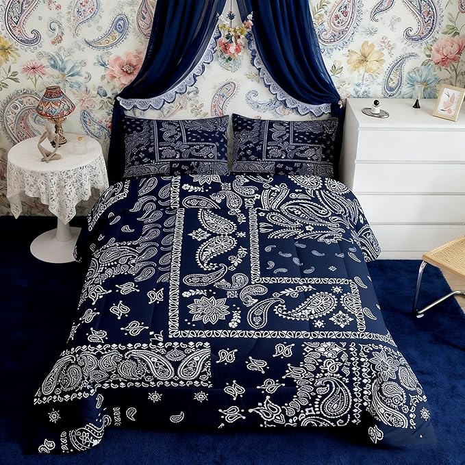 Manfei Boho Paisley Comforter Set Queen Size, Jacquard Paisley Flower Bedding Set 3pcs, Navy Blue and White Floral Print Down Comforter, Teens Women Adults Room Decor, 2 Pillowcases, No Sheets