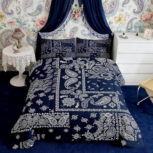 Manfei Boho Paisley Comforter Set Full Size, Jacquard Paisley Flower Bedding Set 3pcs, Navy Blue and White Floral Print Down Comforter, Teens Women Adults Room Decor, 2 Pillowcases, No Sheets