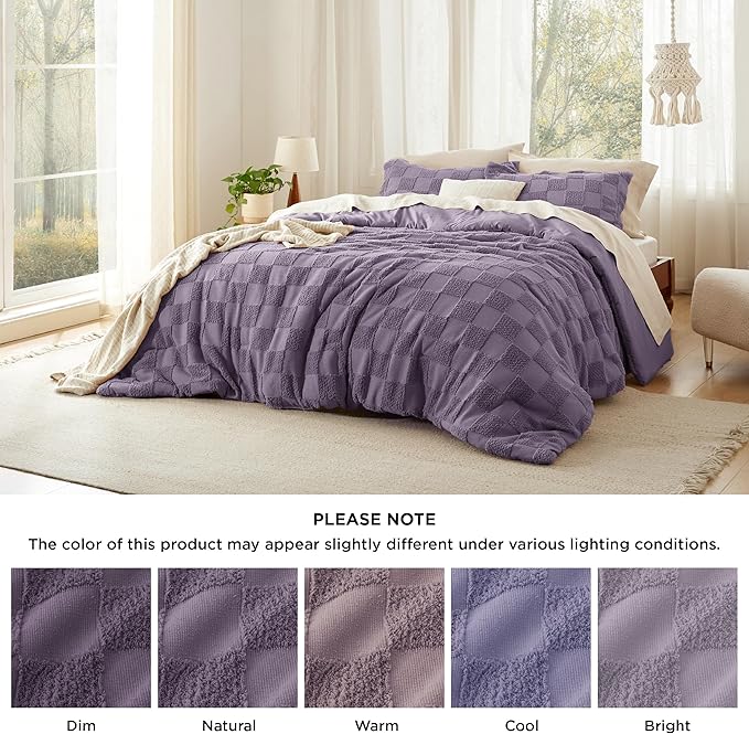 Bedsure Queen Size Comforter Set Grayish Purple, Boho Tufted Bed Set, Checkered Farmhouse Shabby Chic Bedding, 3 Pieces, 1 Plaid Geometric Comforter and 2 Pillow Shams