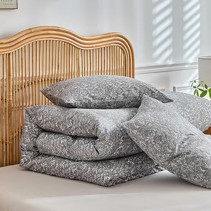AMWAN Grey Floral Comforter Set Twin XL 3 Pieces, Botanical Bedding Set, 1 Comforter with 2 Pillowcases, Lightweight and Fluffy Comforter for Adults, Teens,All Seasons Aesthetic Comforter Set