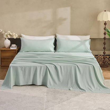 Simple&Opulence Belgian Linen Sheet Set Solid Color - 5 Pieces (1 Flat Sheet, 2 Fitted Sheets & 2 Pillowcases) Natural Flax Cotton Blend Soft Breathable Farmhouse Bedding - Split King Size, Mint Green