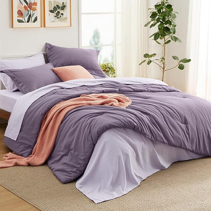 Bedsure Full Size Comforter Set - 7 Pieces Grayish Purple Full Bedding Set for All Seasons, Boho Contrasting Design Bed in a Bag with Comforter, Sheets, Pillowcases & Shams