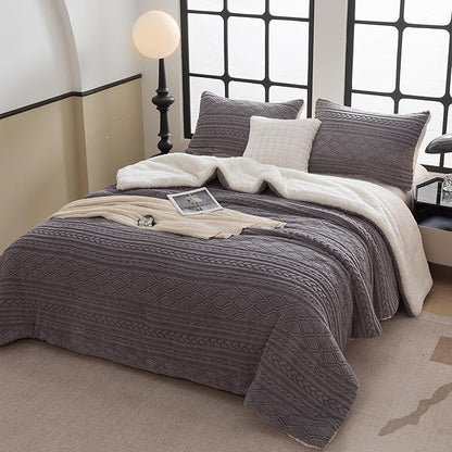 COTTEBED Reversible Sherpa Fluffy Comforter Queen Set, Boho Tufted Bedding Down Blanket Comforter Set, Ultra-Soft Washed Cotton Shabby Plush Fleece Sherpa Thick Warm for Winter Autumn, Grey Full Queen