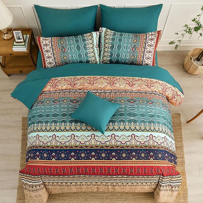 Cottolester Boho Queen Size Comforter Set 8 Pieces,Green and Brown Bohemian Striped Bed in a Bag,Floral Soft Microfiber Bedding Comforter Set