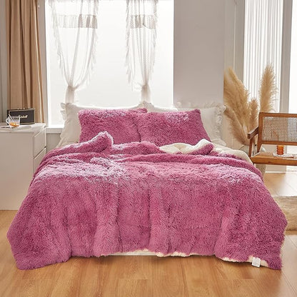 Purple Pink Faux Fur Comforter Set Queen 3 Pieces - 1 Shaggy Comforter 88*88 with 2 Pillowcases - Ultra Soft and Easy Care Luxury Plush Warm Winter fluffy Fleece Duvet Set for Cold Winter