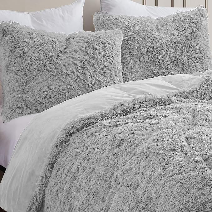 Plush Shaggy Comforter Set Ultra Soft Luxurious Faux Fur Decorative Fluffy Crystal Velvet Bedding with 2 Shams, Queen, Silver