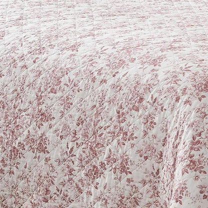 Lush Decor Peony Toile Reversible Cotton Quilt 3 Piece Set Full/Queen Rosewood - Floral Quilt - Pink Bedding Set - Scalloped Edge - Coquette Decor