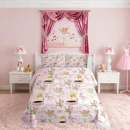 Pink Bowknot Comforter Set Full Size,Ballet Shoe Bow Tie Cute Bear Kids Bedding Set,Music Note Tulip Quilt Comforter,Princess Duvet Insert,2 Pillowcases