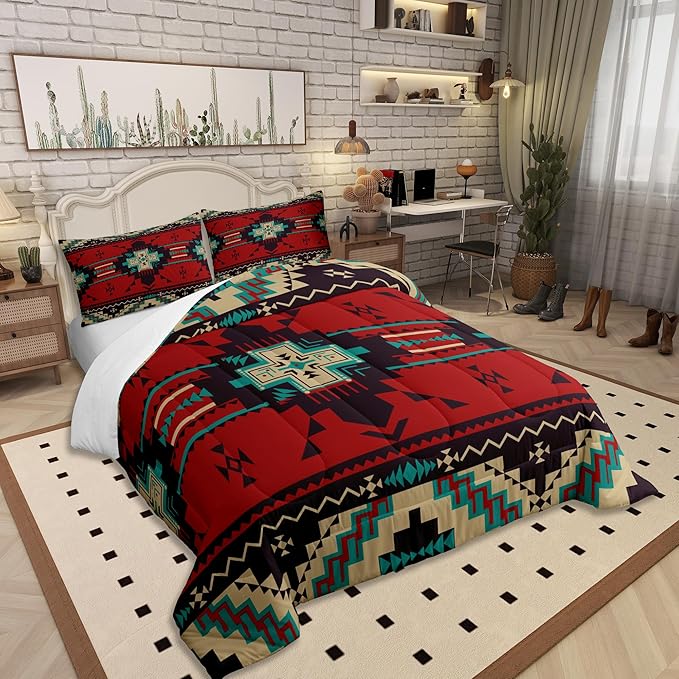 Western Bedding Comforter Set Queen Size,America Southwest Aztec Tribal Quilted Duvet 3pcs for Teens Kids Girls Women Bedroom Decor,Rustic Red Brown Duvet Insert with 2 Pillowcases