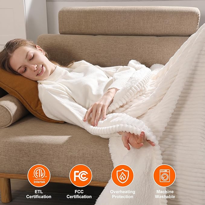 Electric Blanket Twin Heated Blanke 62"x84" Striped Flannel & Thick Sherpa, 5 Heat Settings & 10 Hour Auto Off with FCC/ETL Certified, Overheat Protection & Machine Washable, White