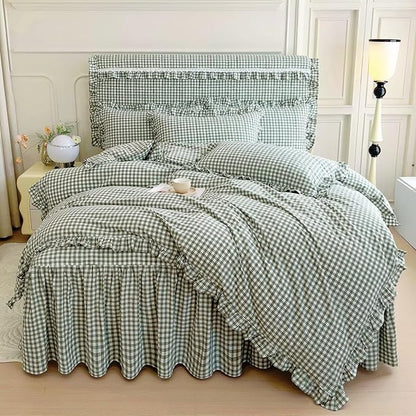 mixinni Vintage Green Gingham Ruffle Comforter Set 3-Piece Washed Cotton Queen Size Grid Bedding Set with Geometric Checkered Pattern, Farmhouse Chic Soft Fluffy Comforter for All-Season