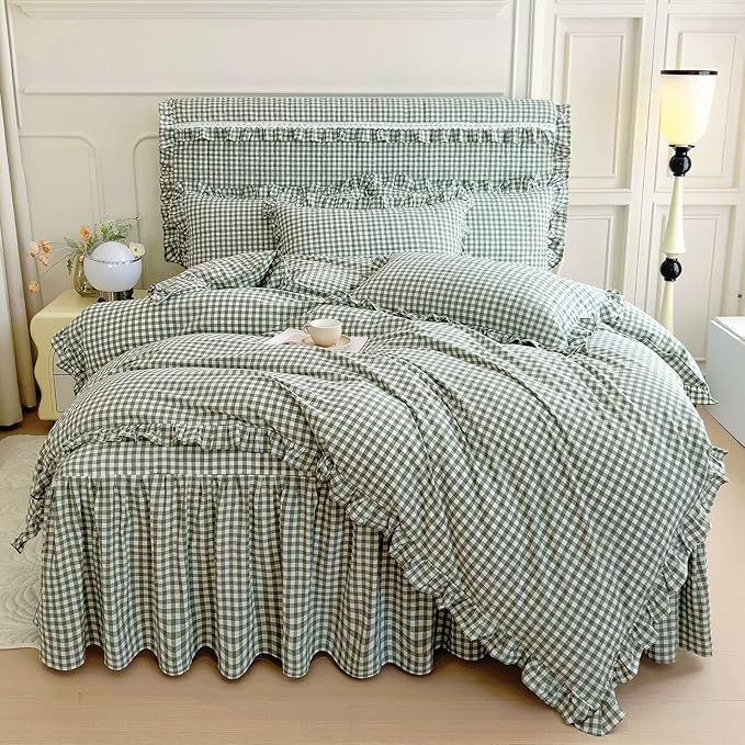 mixinni Vintage Green Gingham Ruffle Comforter Set 3-Piece Washed Cotton Twin XL Size Grid Bedding Set with Geometric Checkered Pattern, Farmhouse Chic Soft Fluffy Comforter for All-Season