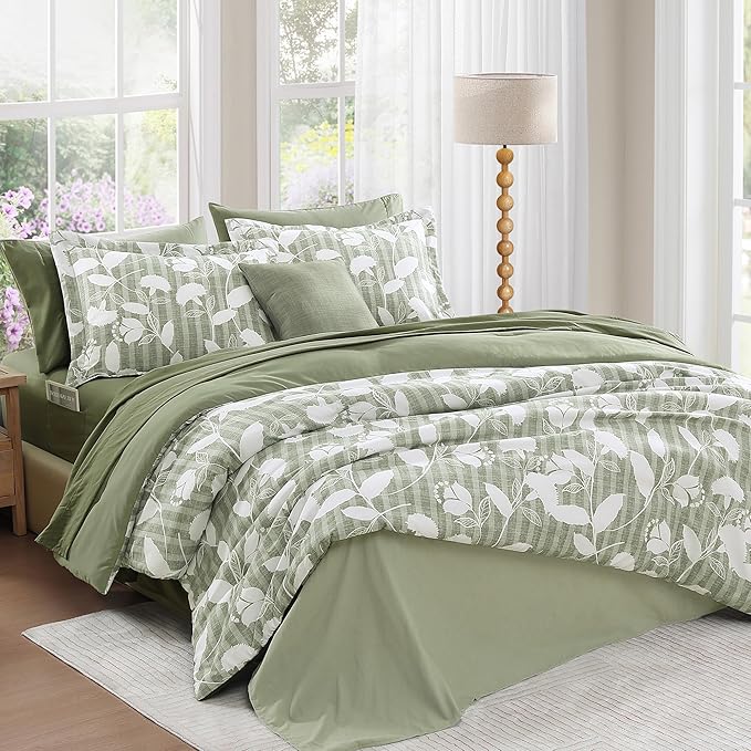 King Comforter Set -7 Pieces Sage Green Floral Comforter Set for All Seasons, Bed in a Bag King with Botanical Flowers Comforter, Sheets, Pillowcases & Shams