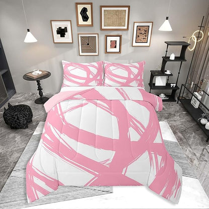 Pink and White Striped Bedding Set Full Size for Adults Youth Teens,Contemporary Boho Modern Art Comforter Set,Graffiti Stripes Lines Quilt,Aesthetic Geometric Duvet Insert for Minimalists