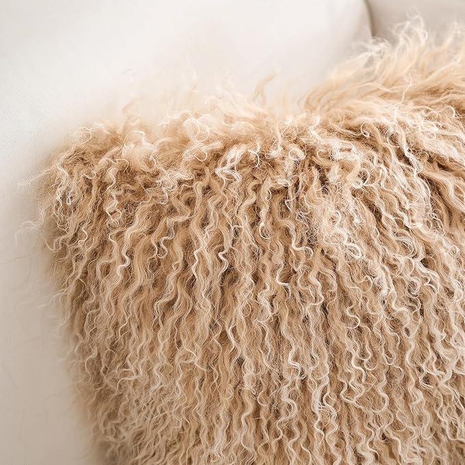 Genuine Mongolian Lamb Fur Pillow Cover – 12"x20" Rectangular Cushion Case – Soft Curly Wool Decorative Accent for Sofa, Bed, or Chair (Frosted Beige)