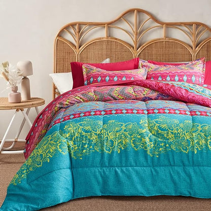 Flysheep Boho Bed in a Bag 6 Pieces Twin Size, Colorful Bohemian Tribal Pink n Blue Floral Reversible Bed Comforter Set (1 Comforter, 1 Flat Sheet, 1 Fitted Sheet, 2 Pillow Shams, 1 Pillowcase)