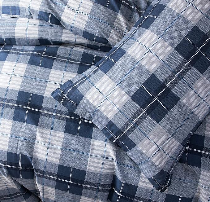 SLEEPBELLA Comforter Queen Size, 600 Thread Count Cotton Navy Blue & Grey Buffalo Pattern Blue Plaid Comforter Sets,Down Alternative Bedding Set 3Pcs (Queen, Navy Plaid)