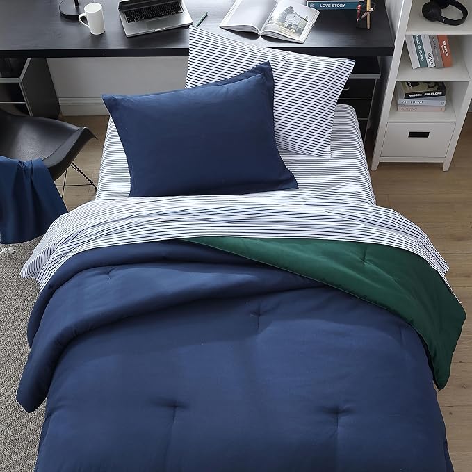 Nautica - Twin/Twin XL Comforter Set, Reversible & Ultra-Soft Bedding, Deep Pockets, 5 Piece Bonus Bed Set with Matching Bed Sheets, Pillowcase, & Tote Bag (Captain's Blue/Green)