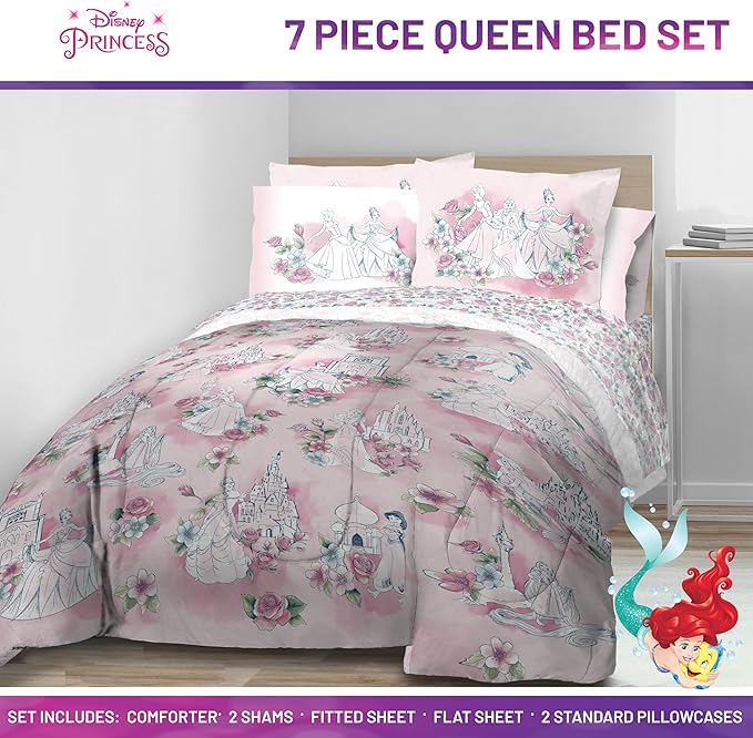 Jay Franco Kids Comforter Set Includes Sheets and Pillow Covers - Soft and Cozy Bed Set for Stylish Room Decor, Pink - Disney Princess, 7 Piece Queen Bedding