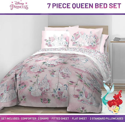 Jay Franco Kids Comforter Set Includes Sheets and Pillow Covers - Soft and Cozy Bed Set for Stylish Room Decor, Pink - Disney Princess, 7 Piece Queen Bedding