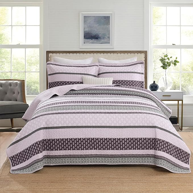 Homzard Quilts Queen Size, Cotton Comforter Set, Purple and Grey Queen Bed Set,Lightweight Striped Bedding, Farmhouse Bedspread All Season 3 Pieces