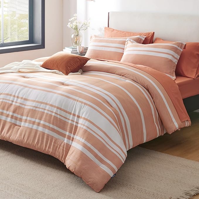 Bedsure King Comforter Set 7 Pieces, Burnt Orange Striped Bedding Set for All Seasons, Reversible, Cationic Dyeing Bed in a Bag with Comforter, Sheets, Pillowcases & Shams