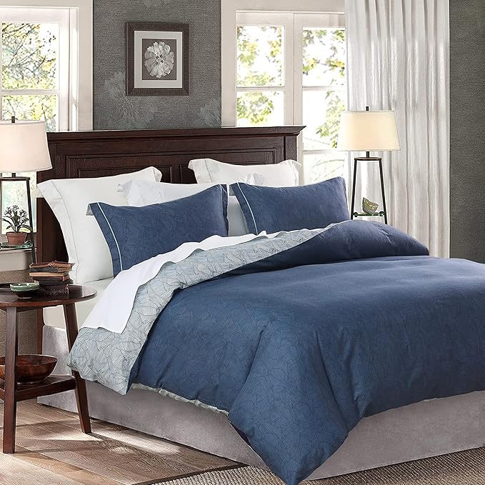 SLEEPBELLA Comforter King Size, 600 Thread Count Cotton Navy & Grey Leaves Reveisible Comforter Sets, Down Alternative Bedding Set 3Pcs(King, Navy&Blue Leaves)