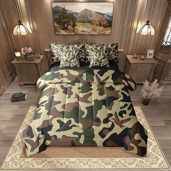 Erosebridal Farmhouse 7 Pcs Comforter Set Twin Size Camo Bedding for Kids Army Camouflage Hunting Bed in A Bag Sheet Set Vintage Brown Green Room Decor Wild Animal Duck Rustic Bed Set