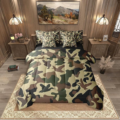 Erosebridal Farmhouse 7 Pcs Comforter Set Twin Size Camo Bedding for Kids Army Camouflage Hunting Bed in A Bag Sheet Set Vintage Brown Green Room Decor Wild Animal Duck Rustic Bed Set
