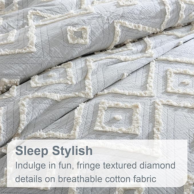 Swift Home Rukai 100% Cotton Washed Clip Jacquard Gauze 5-Piece Bedding Comforter Set, All Season & Breathable, Oeko-TEX Certified – Light Gray, King