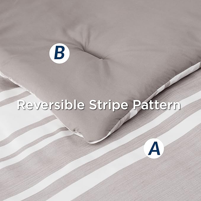 Bedsure Full Comforter Set 7 Pieces, Taupe Striped Bedding Set for All Seasons, Reversible, Cationic Dyeing Bed in a Bag with Comforter, Sheets, Pillowcases & Shams