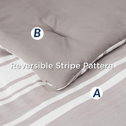 Bedsure Full Comforter Set 7 Pieces, Taupe Striped Bedding Set for All Seasons, Reversible, Cationic Dyeing Bed in a Bag with Comforter, Sheets, Pillowcases & Shams