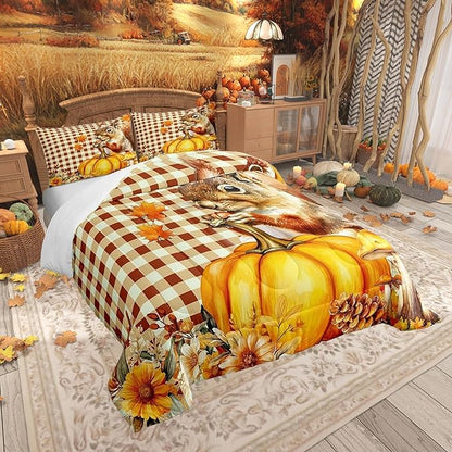 Castle Fairy Vintage Yellow Geometric Grid Bedding Set,Autumn Harvest Thanksgiving All Season Cozy Comforter Set Full Size,Squirrel Pumpkin Flower Duvet Set Bedroom Decor,Personalized Birthday Gifts