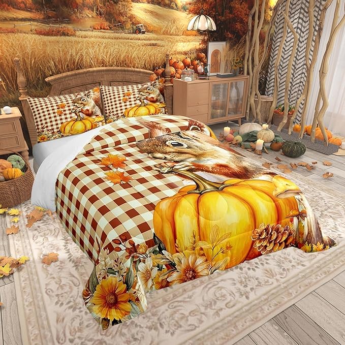 Castle Fairy Squirrel Pumpkin Flower Twin Size Comforter Set,Autumn Harvest Thanksgiving Quilt Set Soft Bed Collection,Vintage Yellow Geometric Grid Bedding Comforter for Boys Girls Room Decor,2 Pcs
