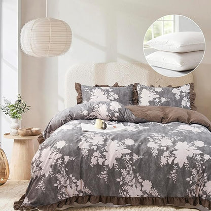 Oli Anderson 5 Piece Floral Comforter Set, Vintage Botanical Print Bedding Set, Farmhouse Lightweight Cottagecore Bed in a Bag with 1 Ruffle Flowers Comforter, 2 Pillowcases, 2 Pillows (Brown, Queen)